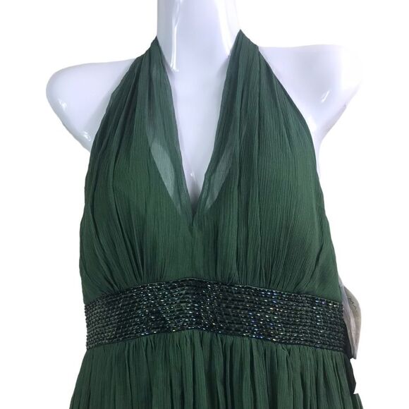 Maggy London Green Crepey Halter Beaded Gown Dress - Picture 2 of 13
